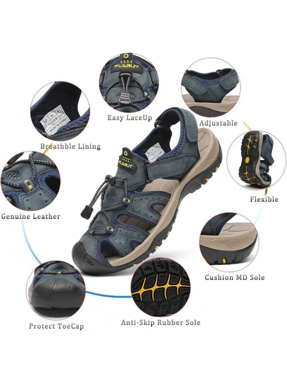 Mens Blue Closed Toe Leather Athletic Outdoor Hiking Sport Casual Sandal Shoes